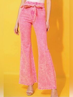 Flying Tomato Fiercely Stunned Pink Flare leg Pants Belted High Rise S